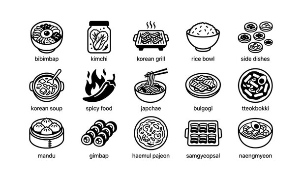Korean cuisine icons with traditional dishes and ingredients