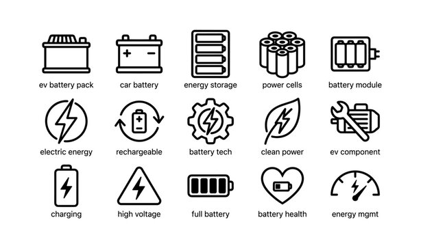 Ev battery pack and energy storage icons: charging, power cells, and clean power symbols