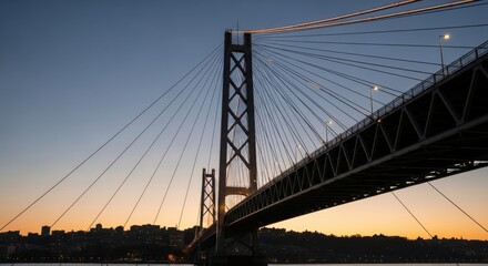 Obraz premium Majestic Suspension Bridge at Sunset Over Urban Skyline