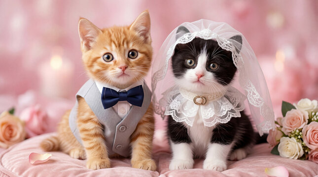 National Pet Day two kittens wearing wedding bride groom costume bow tie veil romantic funny expression pet love celebration banner poster design