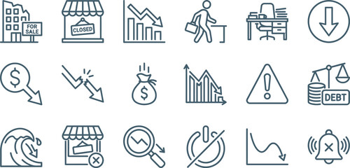 Fototapeta premium Flat design vector icons symbolizing economic downturns, market collapse, business failures, financial losses, and crisis situations.