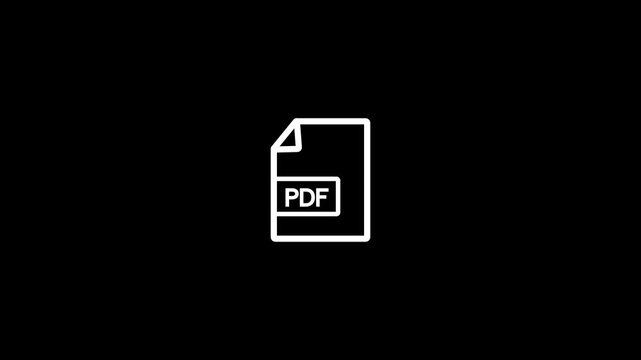 A minimalist white outline representing a document with the letters PDF prominently displayed within a rectangular box on its surface, set against a solid black background, symbolizing a file