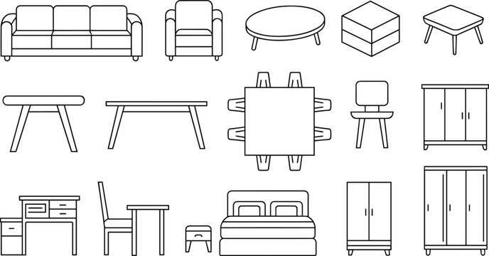 Flat vector household furniture interior design top view schematic set