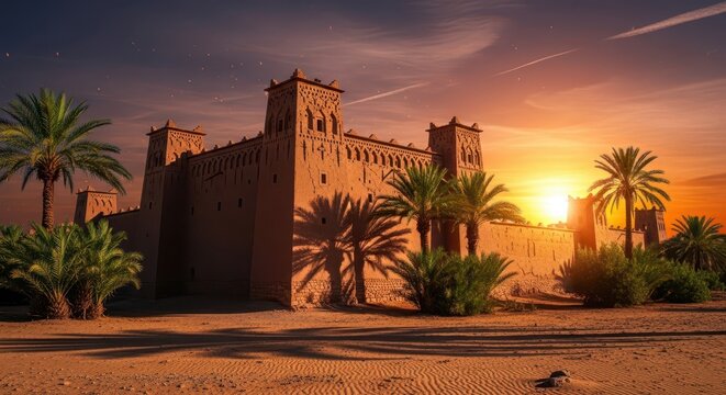 Ancient mud brick fortress stands in the desert under a vibrant sunset sky.