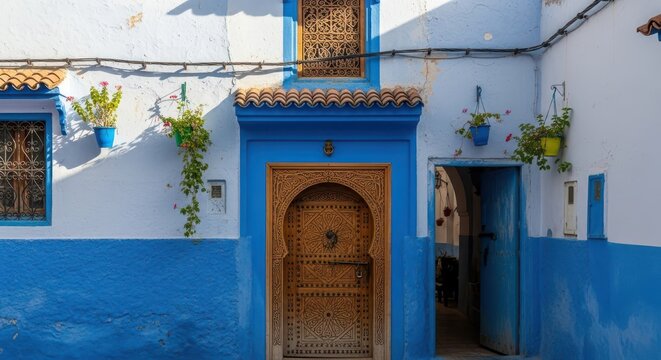 Traditional wooden door features intricate carvings set within a vibrant blue Moroccan wall.