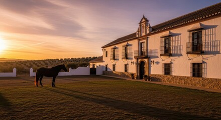 Fototapeta premium Majestic black horse stands on a grassy lawn in front of a white colonial building during a golden sunset.
