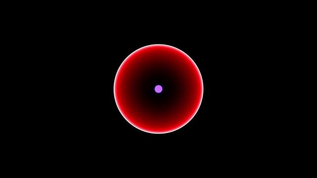 A central red sphere with a subtle white glow and a small purple dot at its core is encircled by a larger translucent blue ring with its own soft luminescence, all set against a deep black void