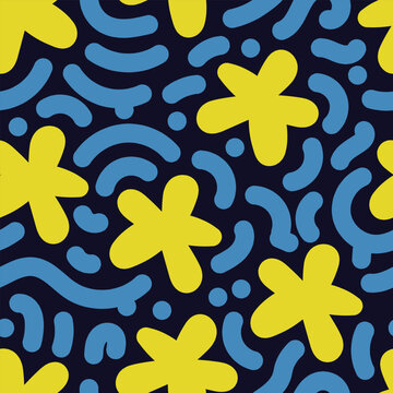 Seamless yellow star pattern with blue abstract doodles. Bright playful repeat design perfect for fabric prints, packaging, stationery, and kids themed branding.