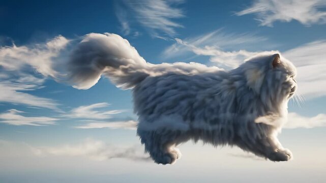 Fluffy cloud cat surreal sky feline fantasy animal white fur dreamy pet blue sky soft light magical creature whimsical art peaceful mood surreal sky feline stride with fluffy cloud fur dreamy scene
