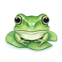 Obraz premium Green frog rests peacefully on a broad water lily leaf.