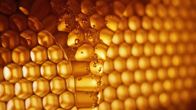 Honeycomb honey dripping macro golden hexagon food organic sweet texture closeup pattern natural detail wax bee nectar drip sticky liquid macro detail bright warm light cell structure background