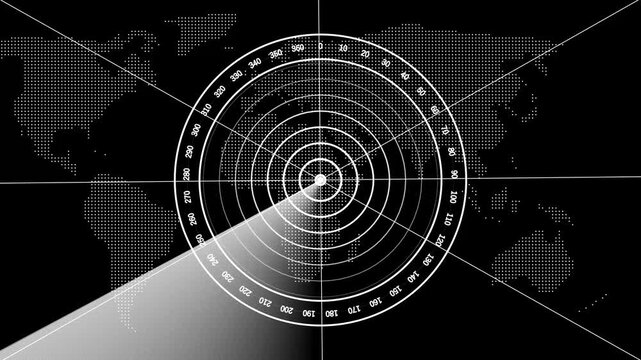 A black and white digital radar screen a map with concentric circles and a sweeping beam of light indicating navigation or detection across global continents and oceans