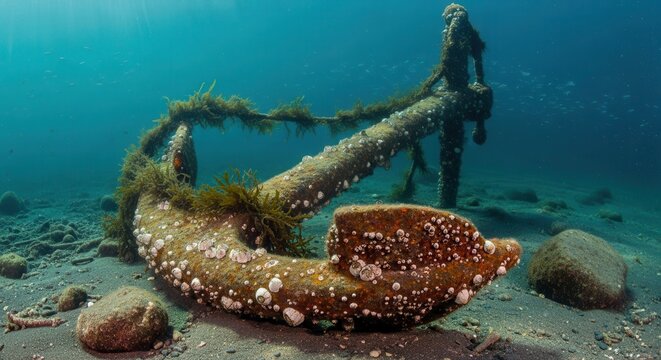 Old rusted ship anchor rests on the sandy ocean floor covered in barnacles and seaweed.