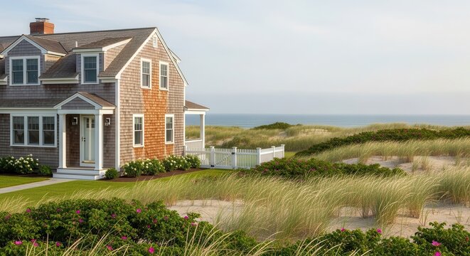 Coastal cedar shingle home sits nestled among sand dunes and tall beach grass near the ocean.