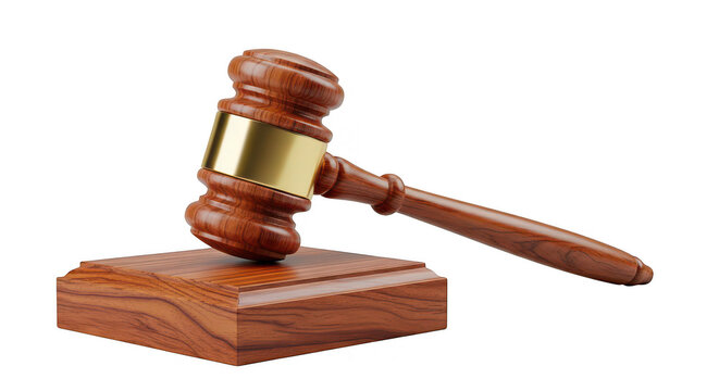 A wooden judge's gavel with a brass band rests on its sounding block, signifying justice and legal proceedings. isolated on transparent background