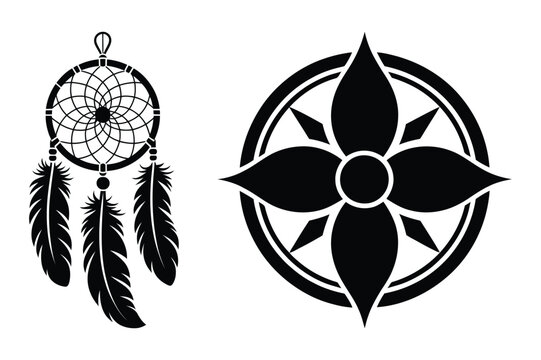 Dreamcatcher and geometric floral mandala silhouette vectors