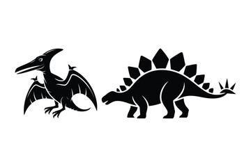 Pterodactyl and stegosaurus dinosaurs black silhouettes vector illustration © Sadek