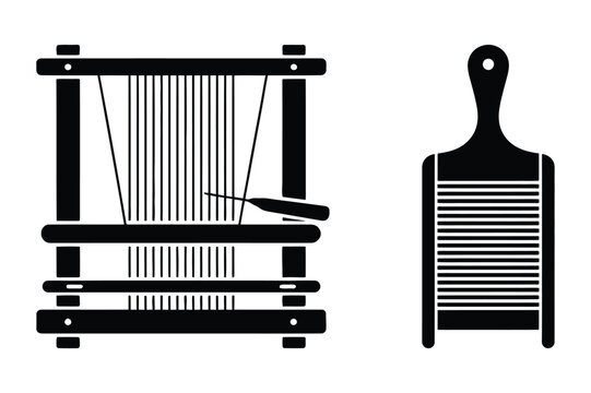 Weaving loom and washboard traditional craft tools vector illustration