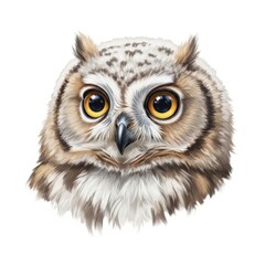 Obraz premium Close up portrait of an owl face features sharp eyes and soft feathers on a white background.