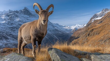 Obraz premium Majestic Alpine Ibex Ram With Impressive Curled Horns Standing Proudly Amidst Snow-Capped Mountains and Golden Grasslands