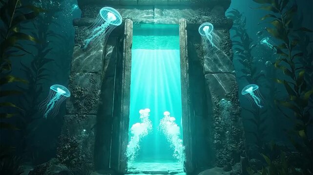 Glowing underwater stone portal surrounded by jellyfish and seaweed