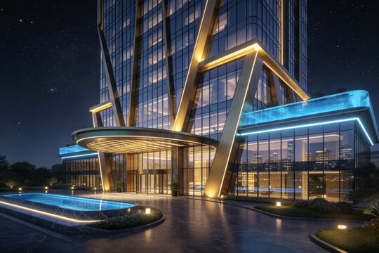 Futuristic glass building with gold accents glowing at night under starry sky and blue lights