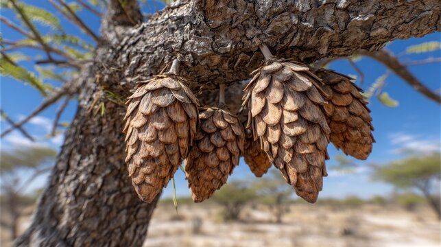 Rough textured sausage tree fruit hanging from a gnarled bark branch with blurred savanna background