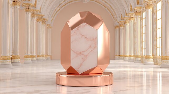 Polished rose gold geometric award base featuring marble inset on elegant pedestal