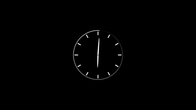 A minimalist white analog clock face with simple hour markers and two thin hands pointing to approximately ten minutes before eleven oclock is set against a solid black background