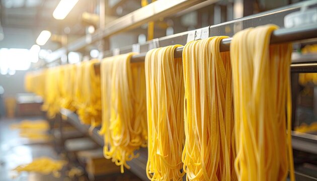 Fresh pasta strands hang in rows, awaiting drying in industrial pasta factory space