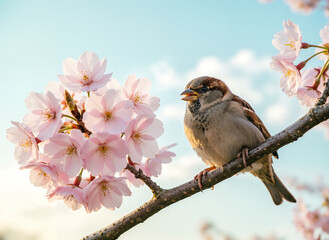 Fototapeta premium Sparrow perched on cherry blossom branch in a serene atmosphere