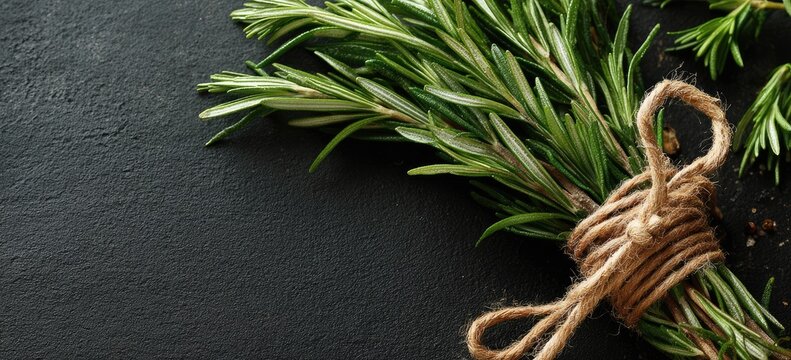 Fresh rosemary sprigs are bundled with twine on a textured black surface, copy space