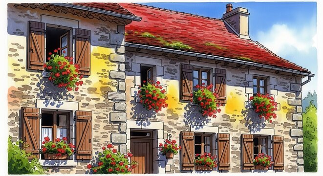 Stone house featuring red roof tiles and windows adorned with colorful flower boxes stands under a bright sky.