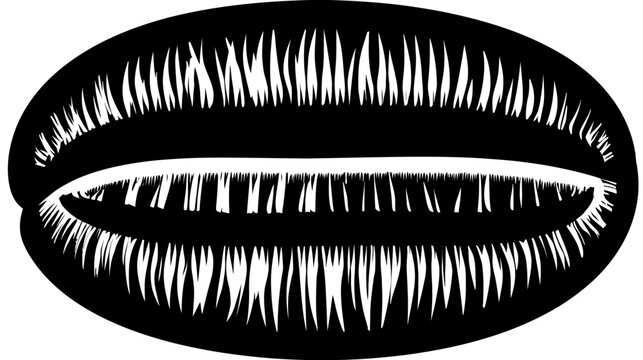 Black and white vector illustration of a single cowrie shell, detailed oceanic mollusk for marine, beach, or nature themes