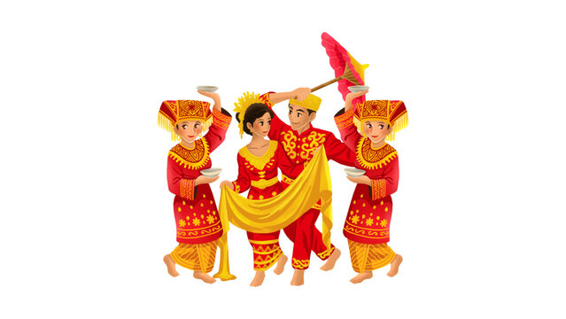Group of Acehnese saman dancers in traditional costume cartoon illustration