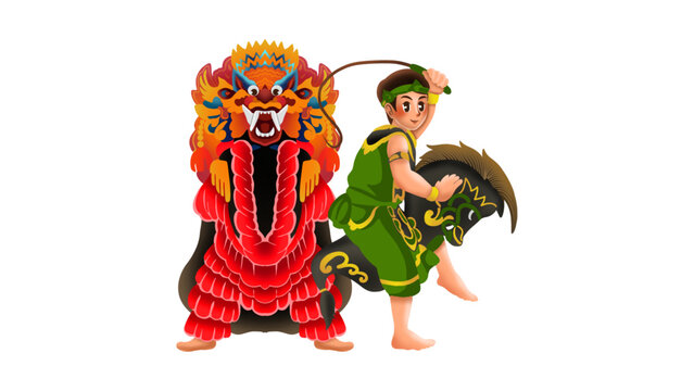 Reog Ponorogo Warok and Singo Barong Performance Illustration