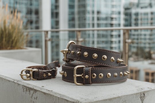 Closeup of sturdy studded leather dog collars resting on a concrete rooftop ledge with modern city buildings in soft focus, ideal for pet fashion or urban lifestyle themes.