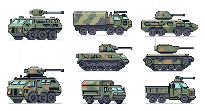 Pixel Art Military Vehicles, Tanks, Trucks, Armored Cars, War