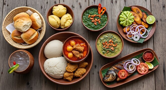 A vibrant and delicious spread of West African cuisine, featuring fufu, soup, fried plantains, and grilled fish, artfully arranged on a rustic wooden table