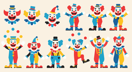 Fototapeta premium Colorful Clown Collection - Diverse Poses and Expressions.