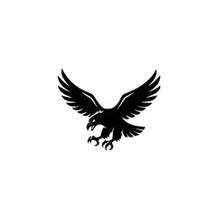Fototapeta premium Black eagle silhouette with wings spread and sharp claws, powerful bird of prey illustration isolated on white background