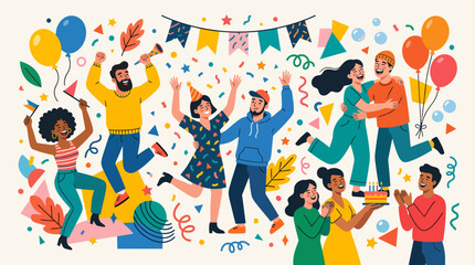 Fototapeta premium Joyful Celebration - Diverse Group Enjoying a Lively Party with Balloons and Confetti.