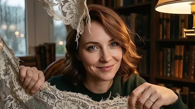 A smiling woman with wavy red hair partially framed by white lace fabric.