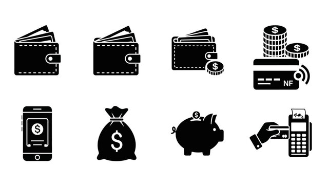 Minimalist financial icons representing wallets mobile banking piggy bank and payment methods