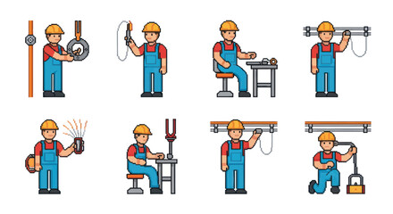 Fototapeta premium Flat Vector Industrial Electrical Engineer Technician Worker Icon Set
