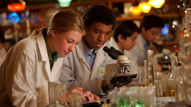 Enthusiastic multiethnic students collaborate using a microscope in a school science lab filled with glassware and scientific equipment.