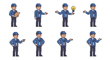 Fototapeta premium Pixel Art Engineer Character Set with Various Gestures for Technical and Construction Industries