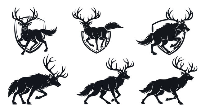 Hunting Wildlife Antlered Creatures Silhouette Vector Set - Deer, Wolf-Deer, Emblems  Crests