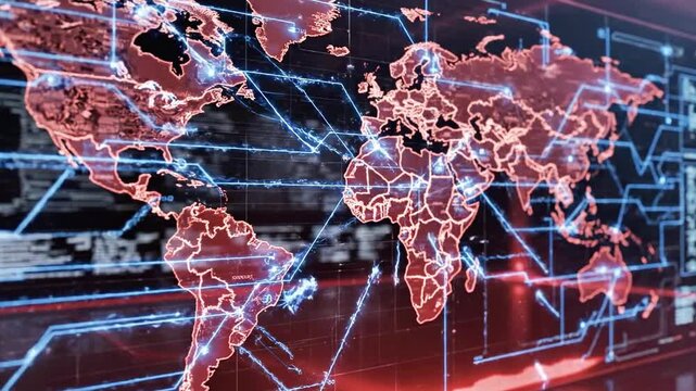 A futuristic digital map of the world with glowing lines and nodes on a dark background