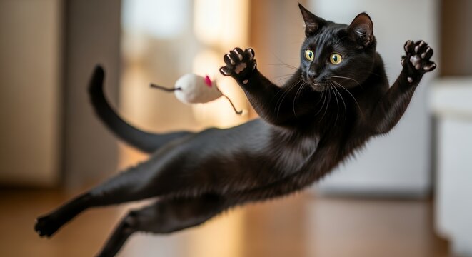 Black cat leaping playfully with a toy mouse
